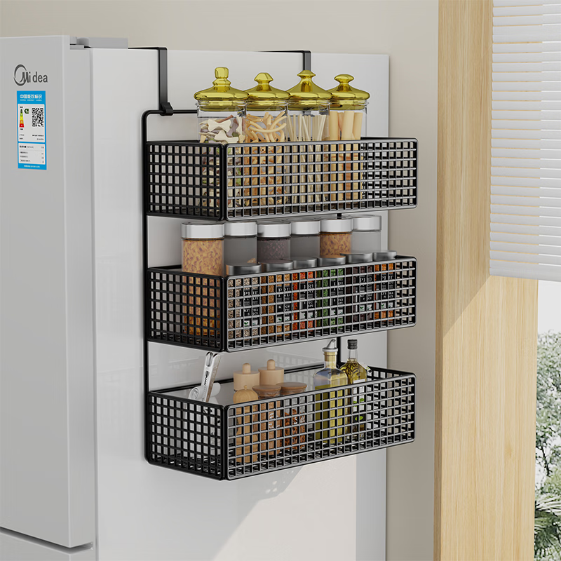 Zhizhi Yifan refrigerator storage rack side multi-functional hanging rack kitchen utensils without punching multi-layer cling film seasoning bottle storage rack black-three-layer large bold hook style