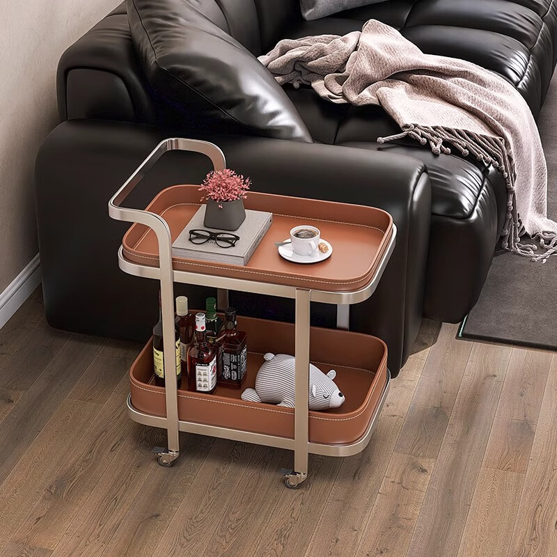 Jiannuo's living room mobile coffee table sofa side table with wheels mobile trolley saddle leather light luxury high-end small coffee table Foshan khaki + caramel brown 57 length * 40 width * 65 height