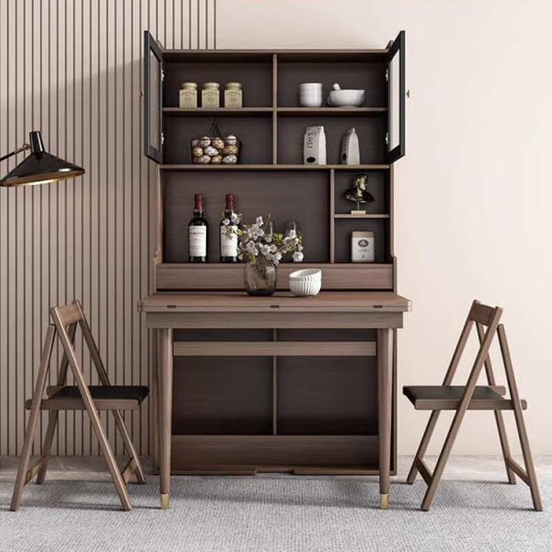 Ruffman folding dining table and sideboard integrated simple modern light luxury wall-mounted retractable dining table folding table and sideboard + solid wood dining chairs *4 (gentleman