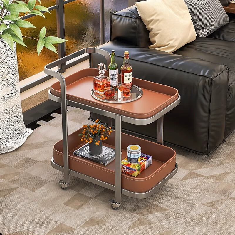 Jiannuo's living room mobile coffee table sofa side table with wheels mobile trolley saddle leather light luxury high-end small coffee table Foshan khaki + caramel brown 57 length * 40 width * 65 height