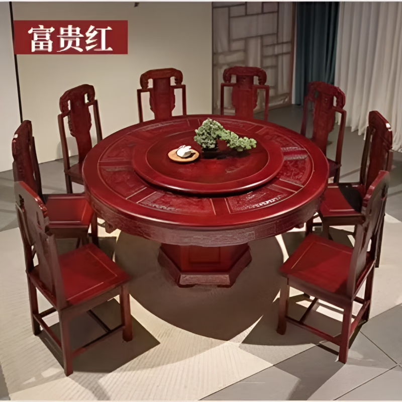 Macron Guangdong Foshan all solid wood dining table antique carved gold rosewood large round table with turntable for 10 people, walnut color, free turntable + tempered glass, 2.0 meters, 1 table + 12 elephant head chairs
