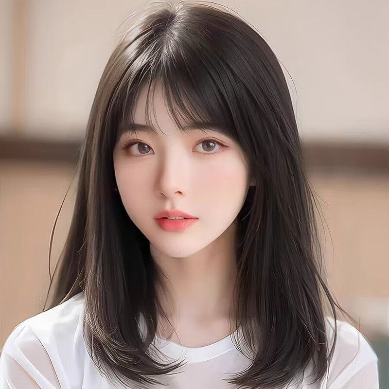 Sibes wig women's medium-long hair shoulder-length clavicle hair daily natural air bangs short hair simulated human hair full headband style natural black hair network hair card