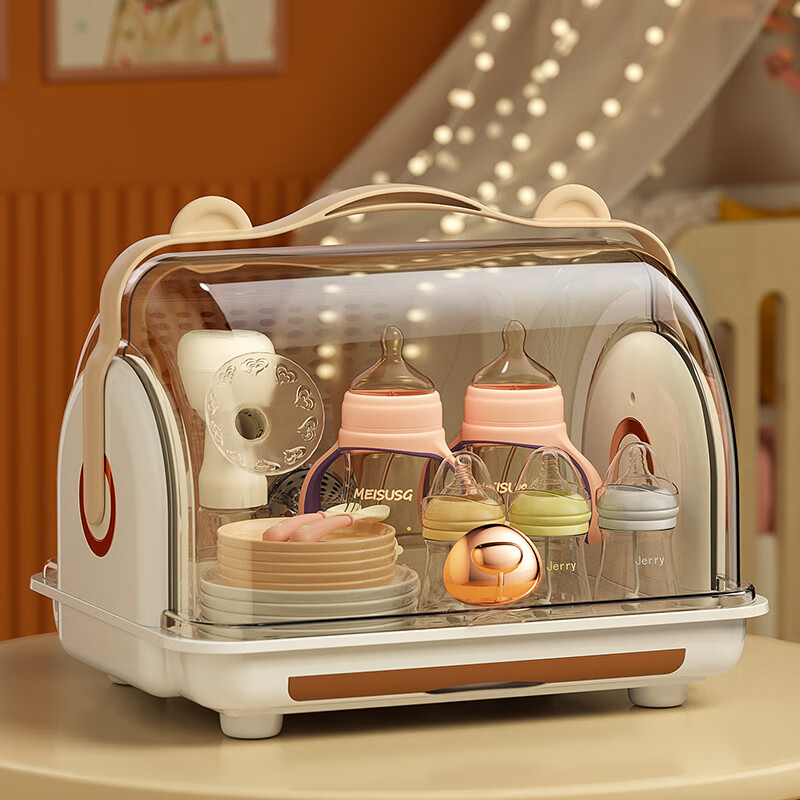 Shangjubang baby bottle storage box drying and draining rack with cover dustproof baby food supplement tableware storage box cabinet cocoa brown 37*29*29cm free 6 draining stands