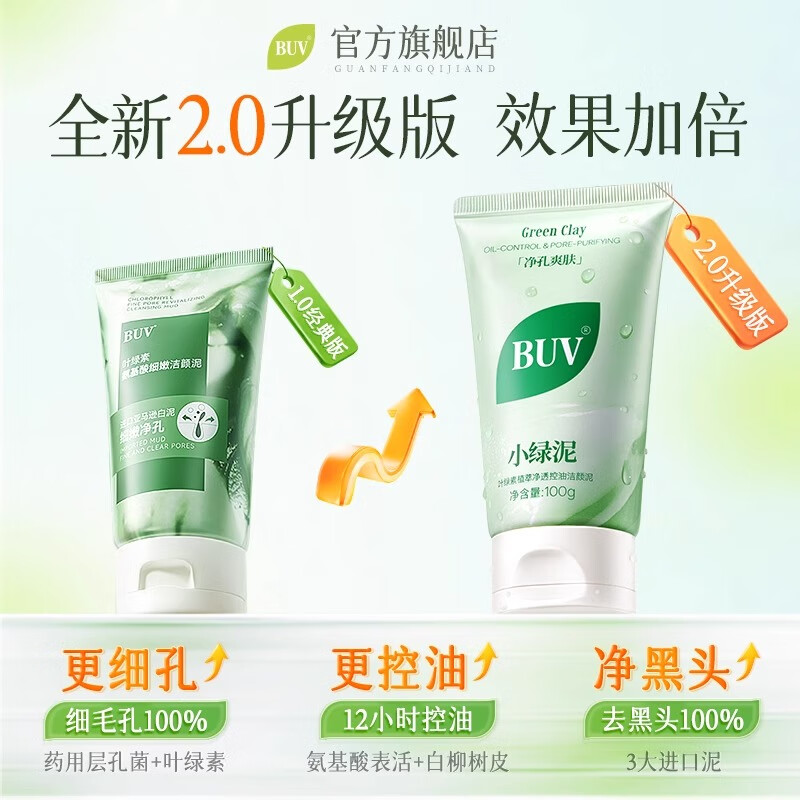 BUV Little Green Clay Chlorophyll Amino Acid Facial Cleanser for Men and Women to Remove Blackheads, Control Oil, Shrink Pores, Deep Clean New Year