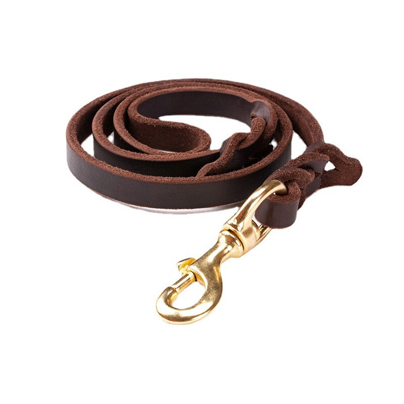 Dog cowhide leash leash, medium and small dog golden retriever German shepherd dog leash, leather rope, p chain dog leash, 1.5cm wide, pure copper hook cowhide leash, material about 2 meters (actual length is about 1.7 meters)