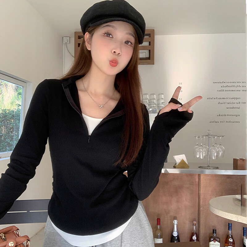 Jian Qingyi V-neck fake two-piece black bottoming shirt for women in autumn and winter, which can be worn outside with a foreign style and high-end long-sleeved T-shirt slim fit top. Fake two-piece V-neck half-zip bottoming shirt, black and white, L. Recommended under 115 catties.