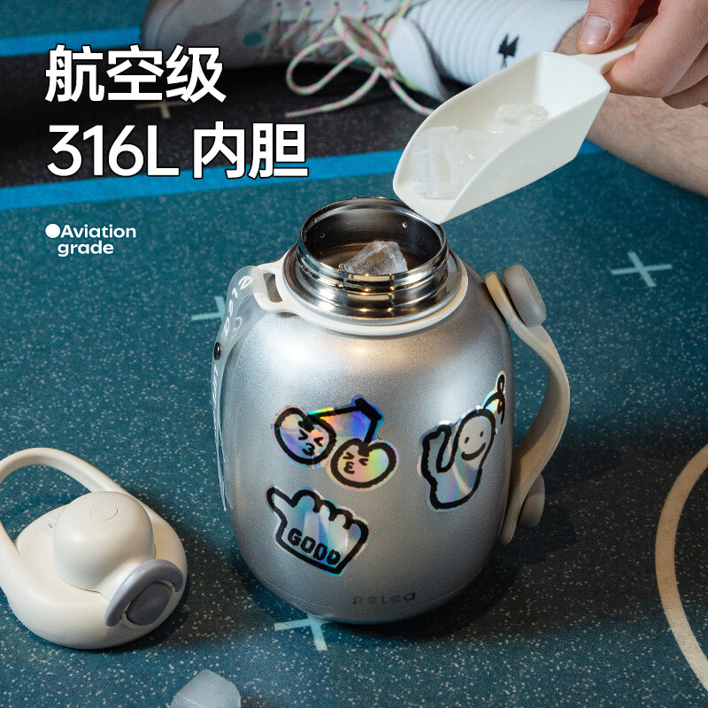 RELEA thermos cup large capacity 316L men's ton bucket ton student fitness portable 2025 new sports water bottle with straw peach powder - free extended cup brush + DIY 1500ml