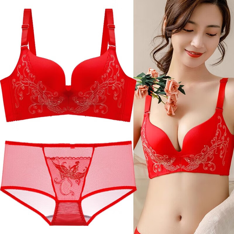 Victoria Palace Zodiac Year Bra Festive Wireless Underwear Sexy Lace Push Up Push Up Side Breast Bra Set Big Red Flowers Blooming Rich 80B 36B Medium Thick
