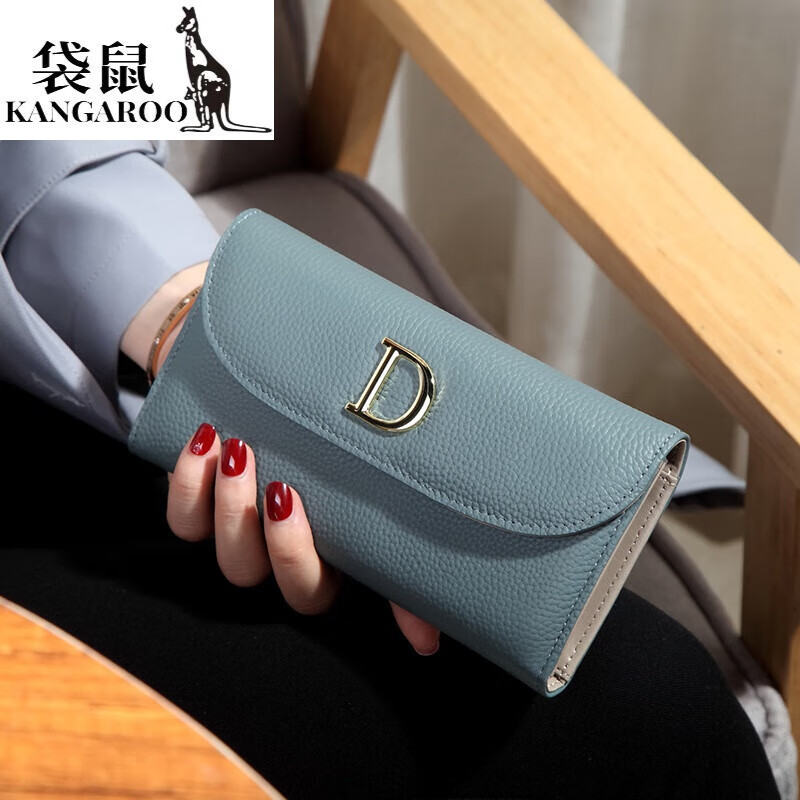 Kangaroo Fashion D-shaped Genuine Leather Ultra-Thin Long Wallet Female Internet Celebrity New Soft Cowhide Three-fold Large Capacity Wallet for Mobile Phones Black - First Layer Cowhide (Thirty-fold Large Capacity) Gift Box