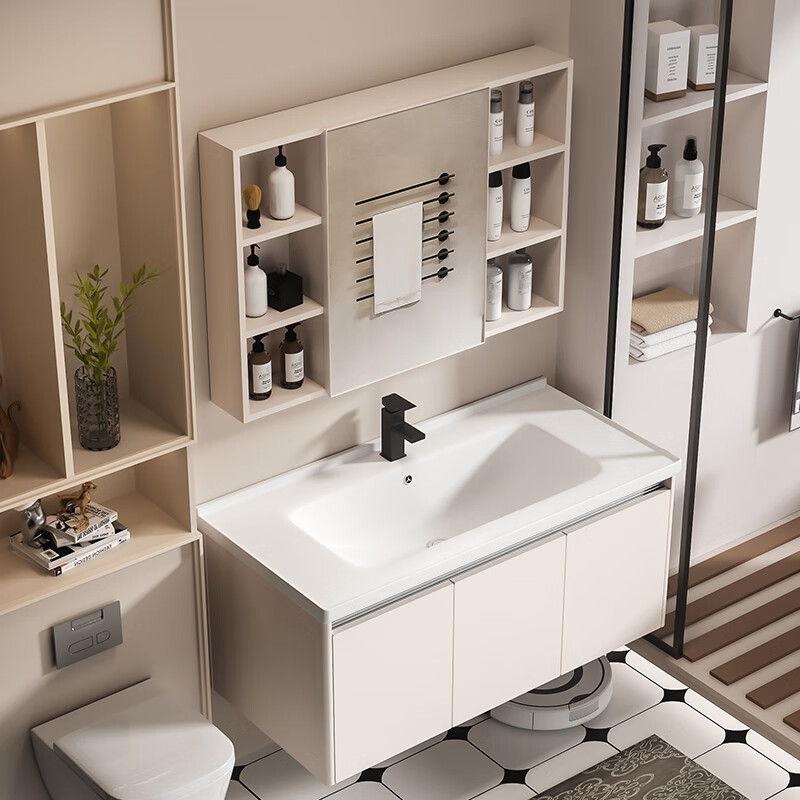 MUlisi thickened honeycomb aluminum bathroom cabinet combination intelligent integrated ceramic basin bathroom cabinet washstand bathroom washbasin cabinet 70*40 khaki + ceramic basin + mirror cabinet