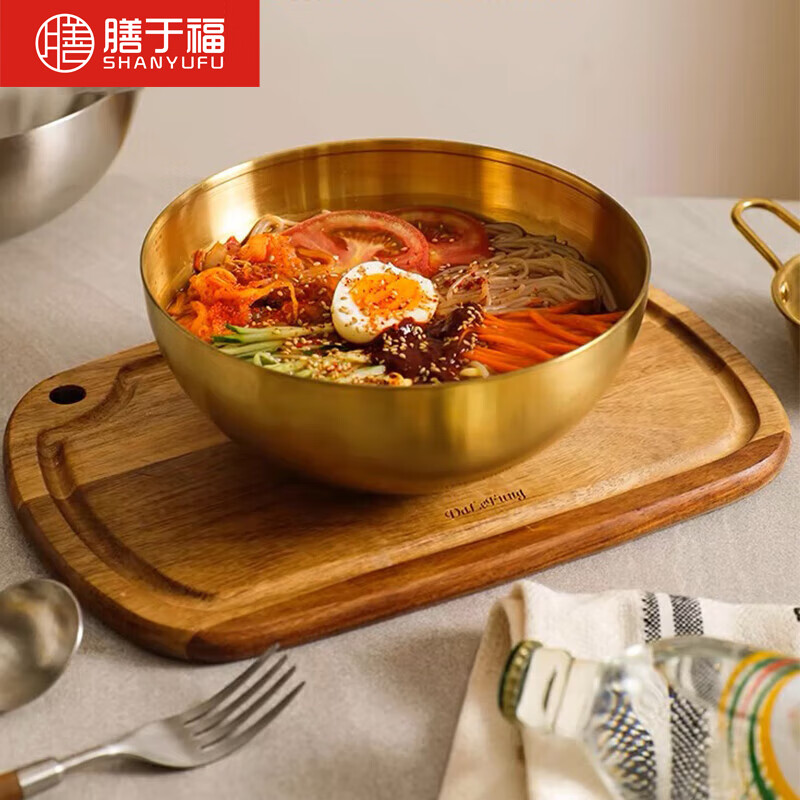 Shanyufu Korean cold noodle bowl 20cm stainless steel large bowl soup bowl instant noodle bowl Korean bibimbap cooking tableware gold-plated