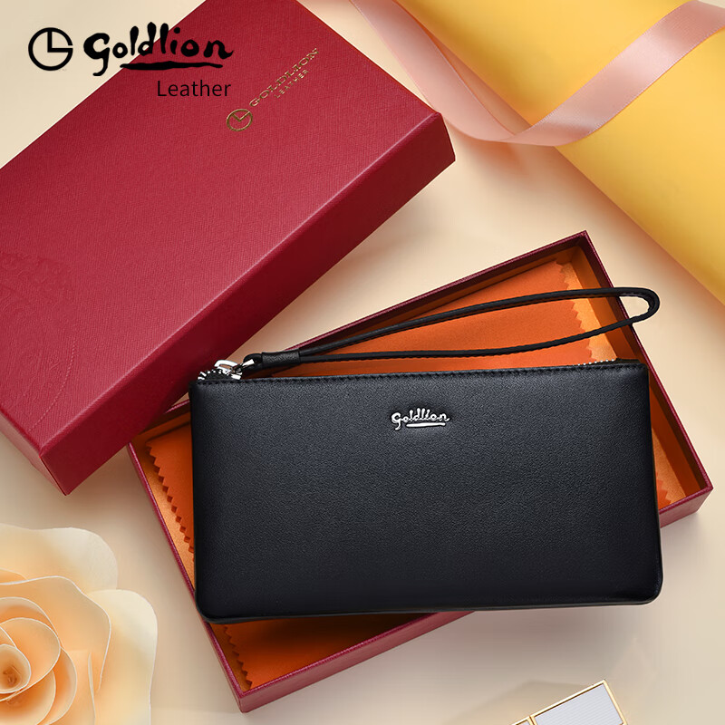 Goldlion Wallet Women's New Long Zipper Genuine Leather Large Capacity Mobile Phone Bag Simple Soft Leather Clutch First-Grade Cowhide Large Capacity Unisex