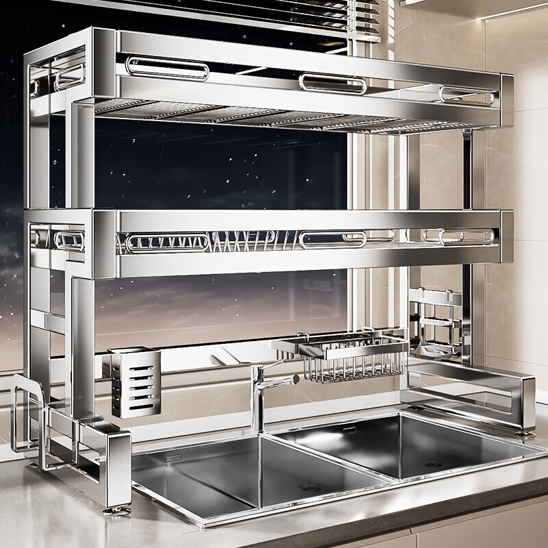 Benwang (BW) 304 stainless steel kitchen sink rack drain bowl rack multi-functional home kitchen dishware storage rack 304 stainless steel double-layer 86cm main rack + fully equipped