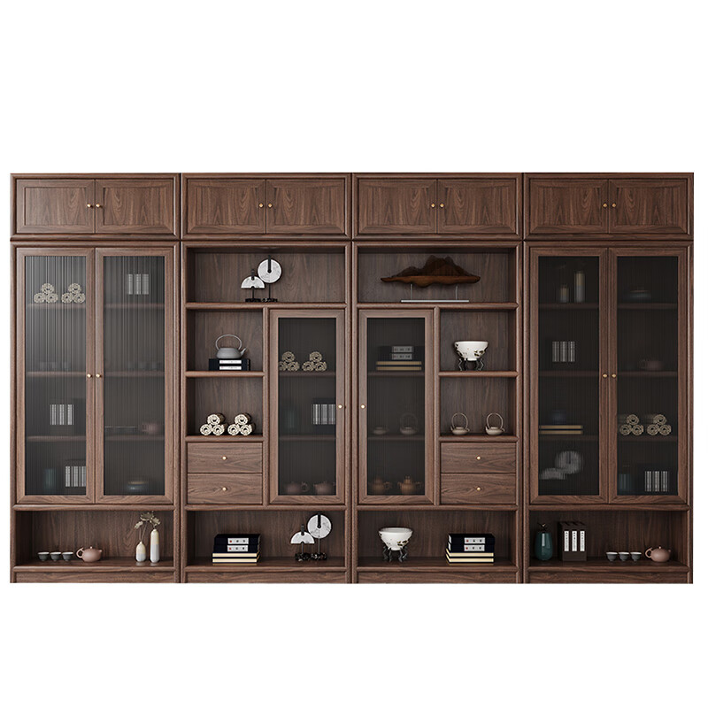 Jinjiang Chuancheng New Chinese style Bogu rack North American black walnut study bookshelf tea room tea rack tea cabinet tea space display cabinet old elm middle cabinet 100*35*240cm