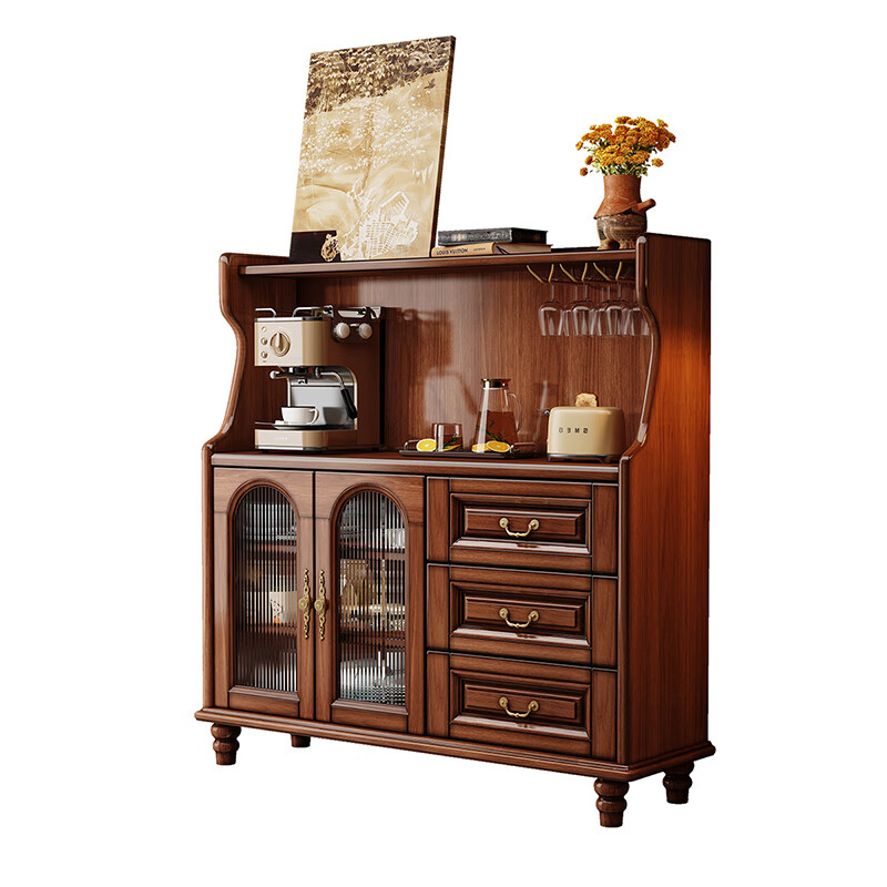 Wood grid Shangpin American retro solid wood sideboard home kitchen cabinet mahogany large storage storage wine cabinet wall cupboard retro walnut color sideboard
