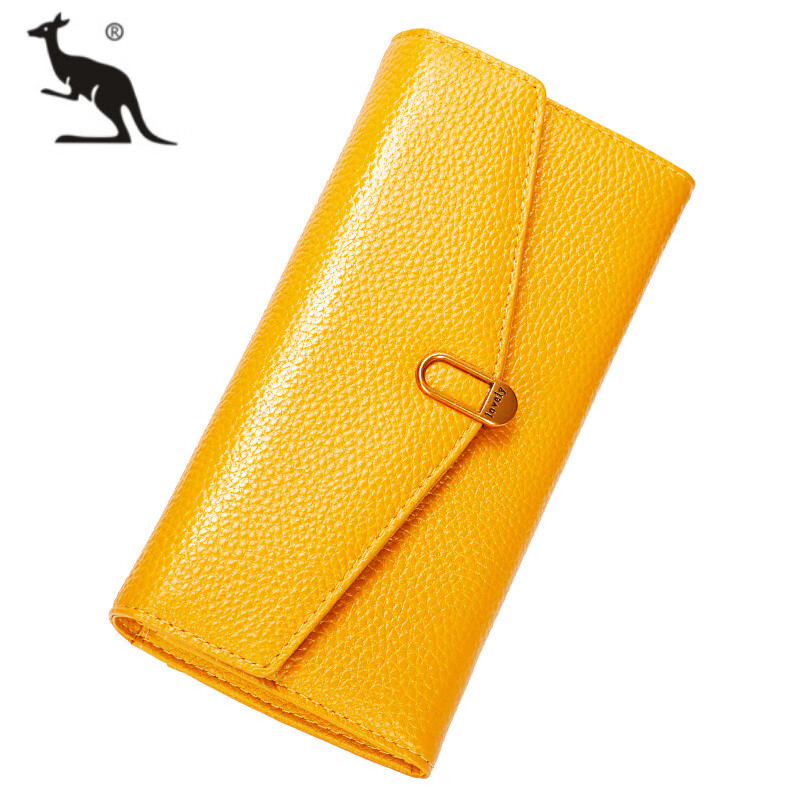 Kuqi Kangaroo pure leather yellow wallet women's long 2025 new genuine leather zipper for mobile phone large capacity wallet thin burgundy (first layer cowhide anti-theft brush)