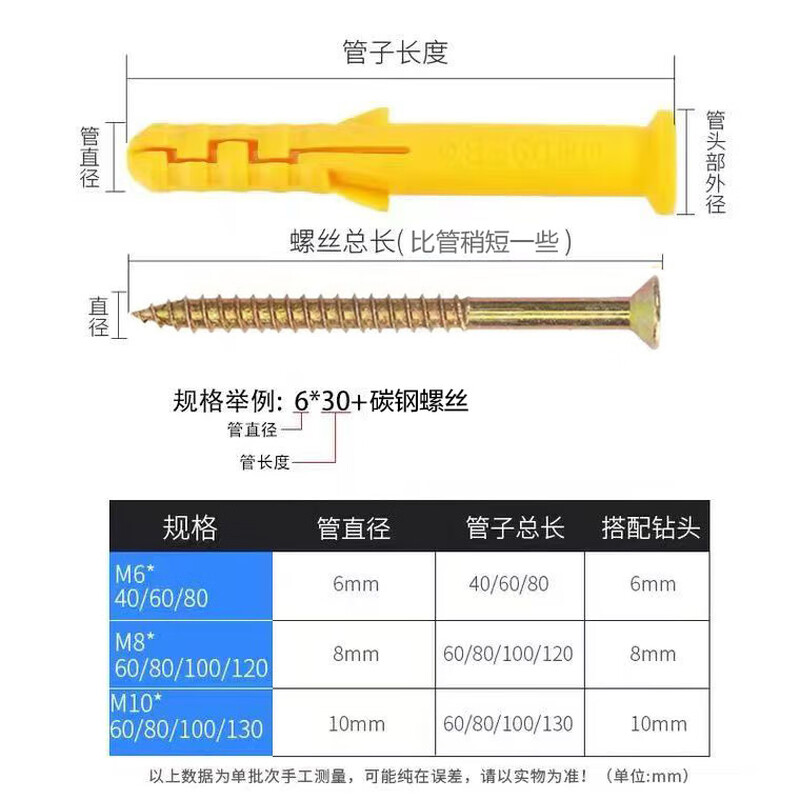 Yongli Shangxiao Yellow Fish Plastic Expansion Tube Expansion Screw Rubber Plug Bolt Expansion Plug Self-tapping Screw 6*80mm (100 sets)
