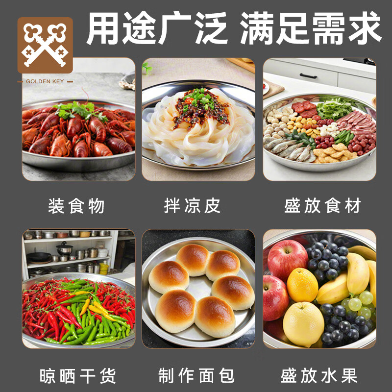 Golden Key stainless steel round plate flat bottom round tray vegetable dish household steaming plate thickened 40cm commercial large basin GK-GP400