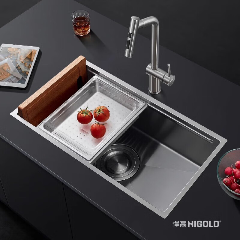 HIGOLD sink large single tank double step basin middle basin black titanium nano SUS304 stainless steel dishwashing sink menu basin BL920284F 680-470