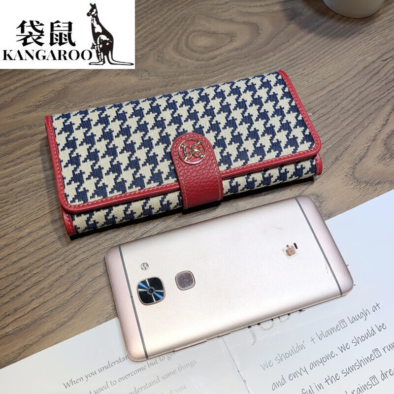 Kangaroo luxury brand Korean style lightweight long wallet for mobile phone, houndstooth bill holder with genuine leather clutch for women, black - first layer of cowhide inside