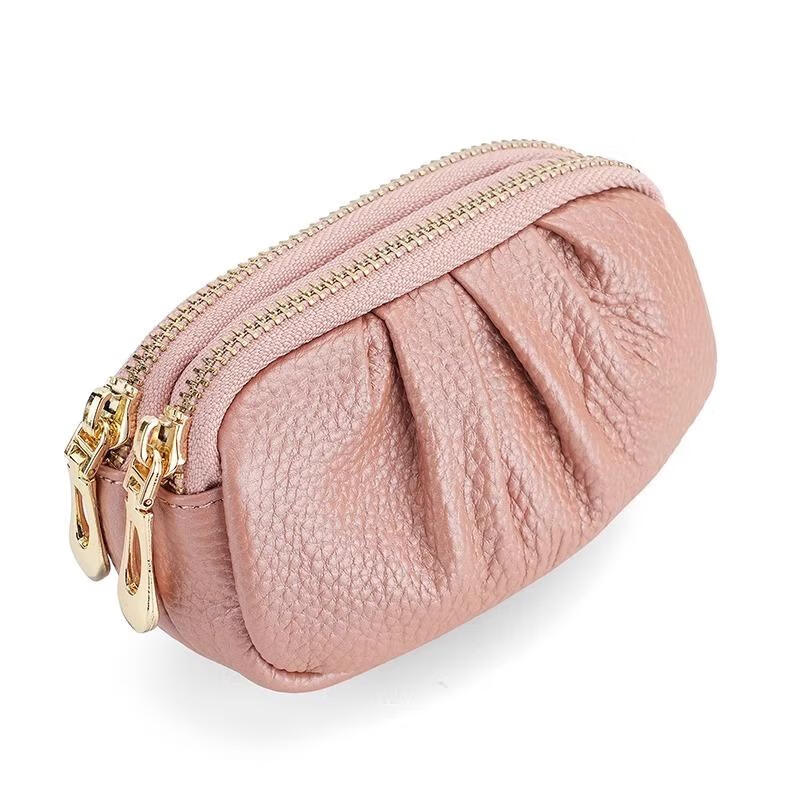 Chajin's new niche pleated hand-held zipper small wallet women's texture mini storage key bag card holder fashionable coin purse brown-double zipper coin purse