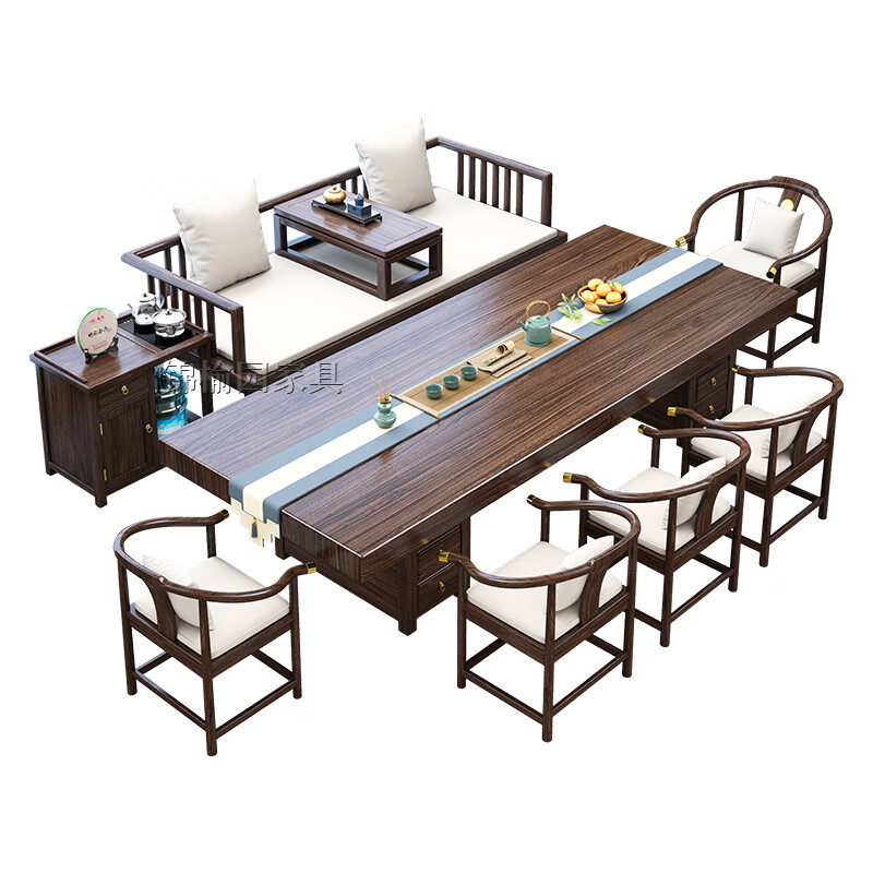 Jinyuyuan black gold large solid wood Arhat bed tea table and chair combination living room home coffee table office tea table tea table 2.2m flat model + Arhat bed + 5 palace chairs + side cabinet