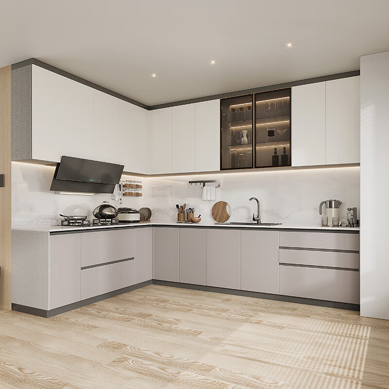 Sofia Stainless Steel Cabinets Kitchen Steel Wood Kitchen Cabinets Furniture Integrated Cabinets Tableware Stove Wall Cabinet Integrated Cabinet Sideboard 7-meter Smoked Stove Package (Quartz Stone Countertop)