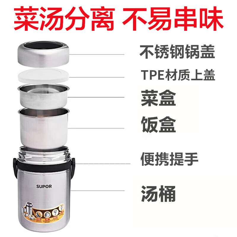 SUPOR insulated lunch box 304 stainless steel large capacity three-layer student lunch box insulated basic model three layers 1.5L