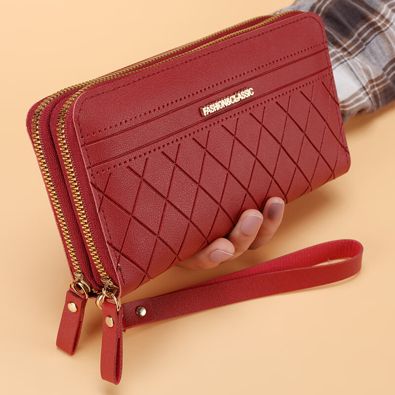 Women's long wallet card holder wrist bag double zipper coin purse ID bag mobile phone bag multi-card slot wallet card holder burgundy