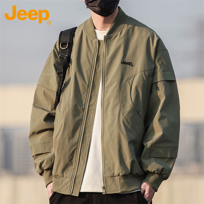 JEEP Jeep Jacket Men's Autumn and Winter Trendy Baseball Jacket Men's Casual Loose Work Clothing Military Green XL