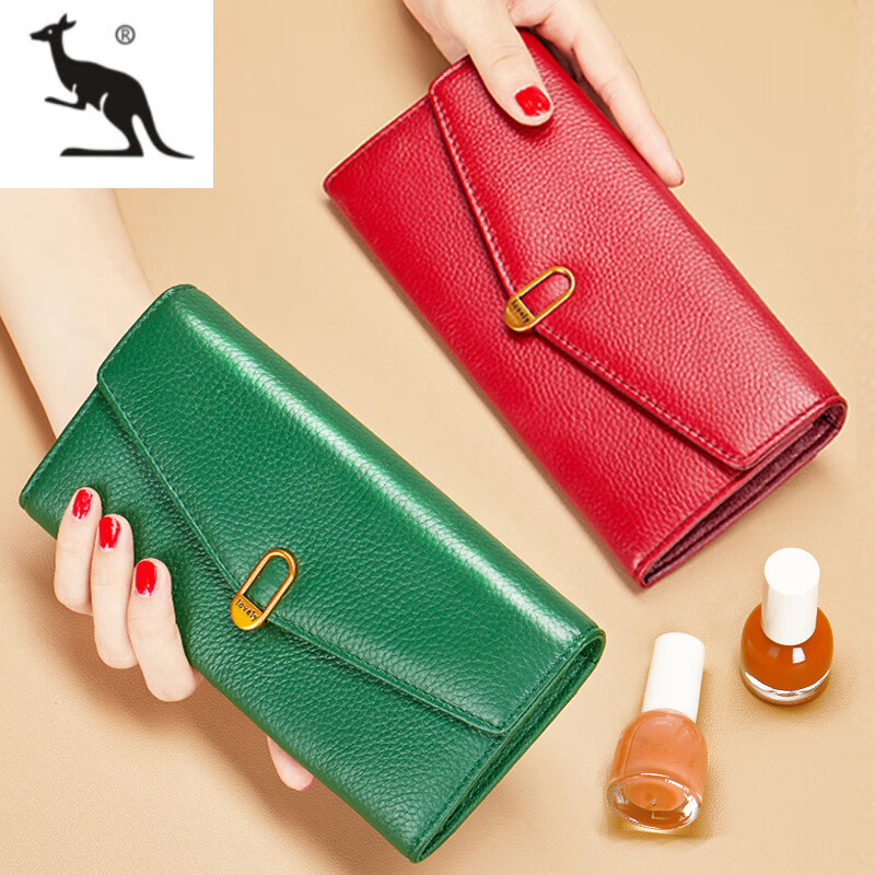 Kuqi Kangaroo pure leather yellow wallet women's long 2025 new genuine leather zipper for mobile phone large capacity wallet thin burgundy (first layer cowhide anti-theft brush)