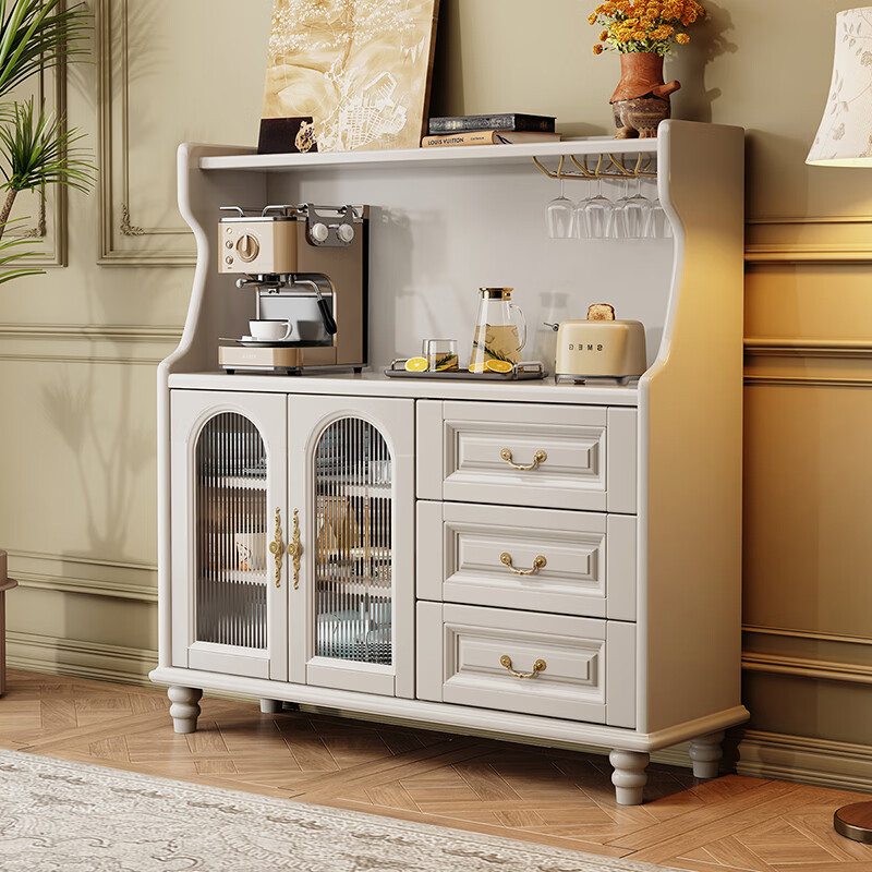 Wood grid Shangpin American retro solid wood sideboard home kitchen cabinet mahogany large storage storage wine cabinet wall cupboard retro walnut color sideboard