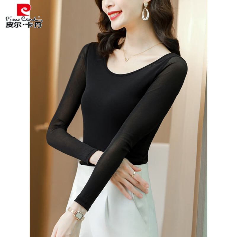 Pierre Cardin 2025 spring and autumn new style mesh bottoming shirt with T-shirt black fashionable style shirt lace top black M collar M recommended 85-100 pounds