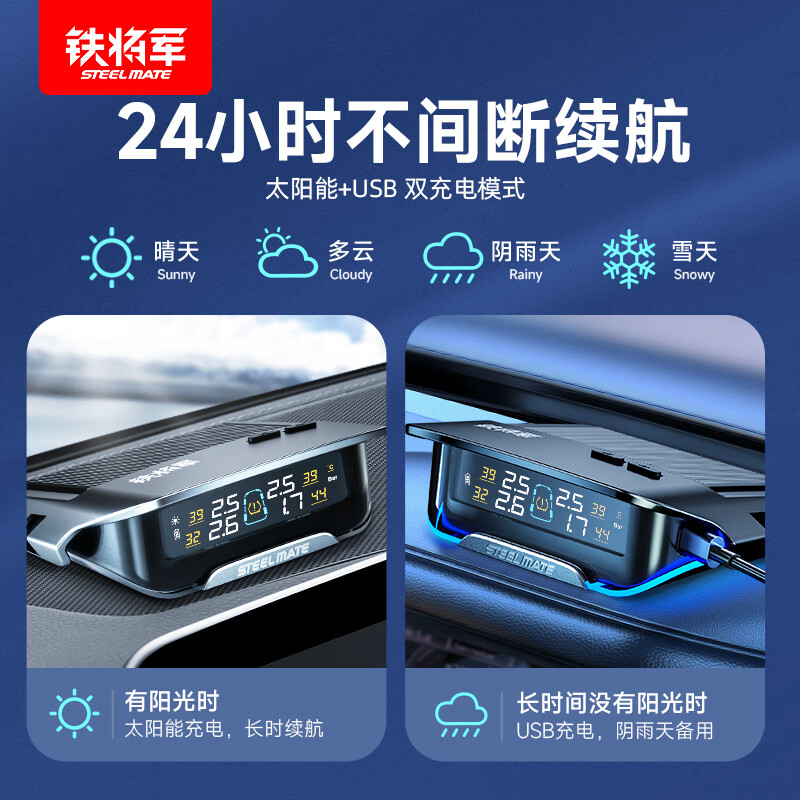 Iron General Car Tire Pressure Monitor Tire Solar Wireless High-Precision Built-in External Pressure Gauge Universal Detector X1+ Built-in Cool Ambient Light