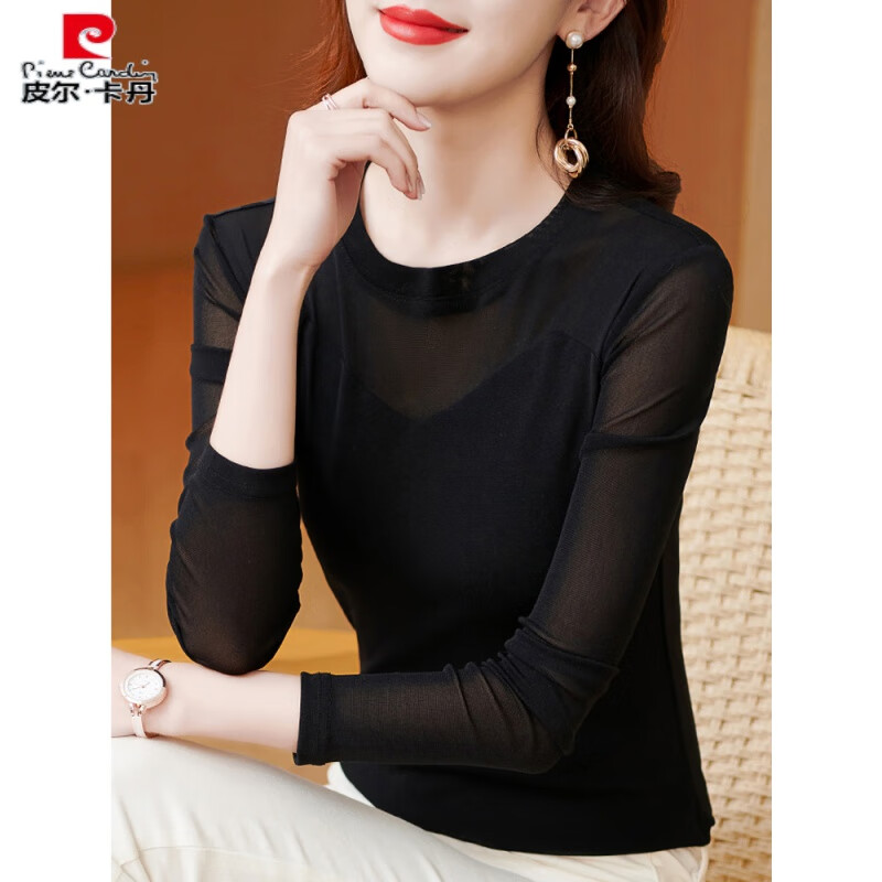 Pierre Cardin 2025 spring and autumn new style mesh bottoming shirt with T-shirt black fashionable style shirt lace top black M collar M recommended 85-100 pounds