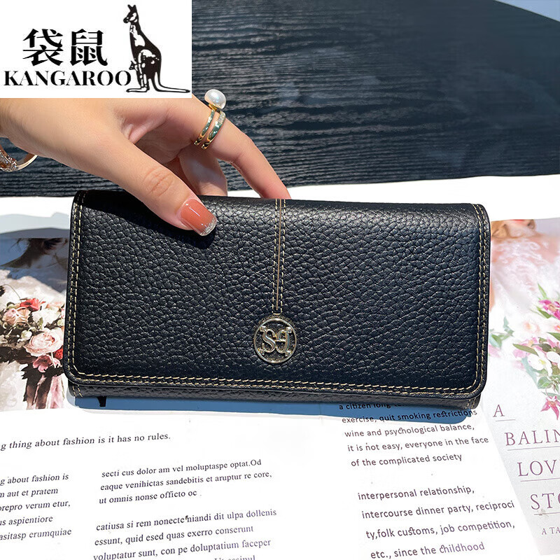 Kangaroo Pure Cow Leather Long Hand Wallet Women's Versatile 2026 New Genuine Leather Thin Multi-Card Slots Wallpaper Holder for Mobile Phones Black - First Layer Cowhide Multi-Card Slots for Mobile Phones