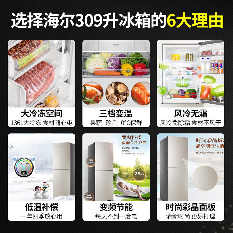 Haier refrigerator 309 liters air-cooled frost-free first-class energy efficiency variable frequency energy-saving household small three-speed variable temperature two-door double-door refrigerator color crystal panel BCD-309WMCO
