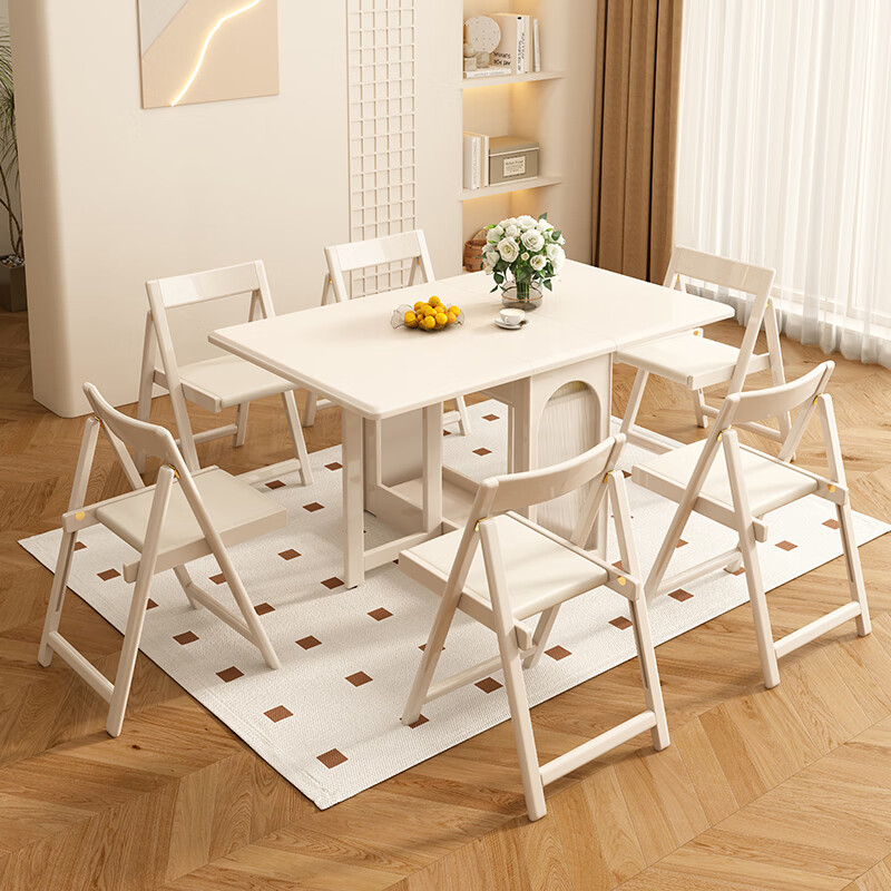 Tan Hua Xuan all solid wood folding dining table and sideboard integrated small apartment cream style dining table with lights and wheels white oak table 1.4m folding dining table + folding leather chairs x4