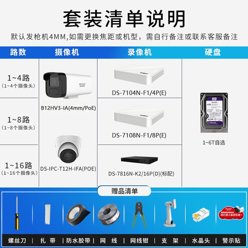 Hikvision Surveillance Suite Surveillance Camera Outdoor and Indoor White Light Full Color HD Voice Pickup POE Network Cable Power Supply Small and Medium Scenario Solution App 12-way Surveillance Suite + Host No Hard Drive + Pay-to-Door Installation