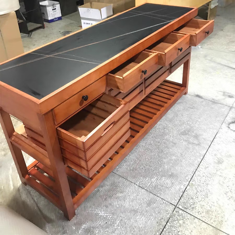 Kezitu customized island solid wood cooking table open sideboard retro home console American country dining table cabinet solid wood countertop 80*60*85 two drawers