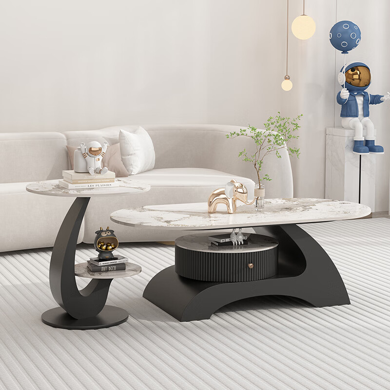 Champs Ruijing cream style slate coffee table for living room 2026 new style light luxury high-end home modern simple creative tea table off-white base + snow mountain white slate + side table 50CM length 130CM width 70CM height 45CM