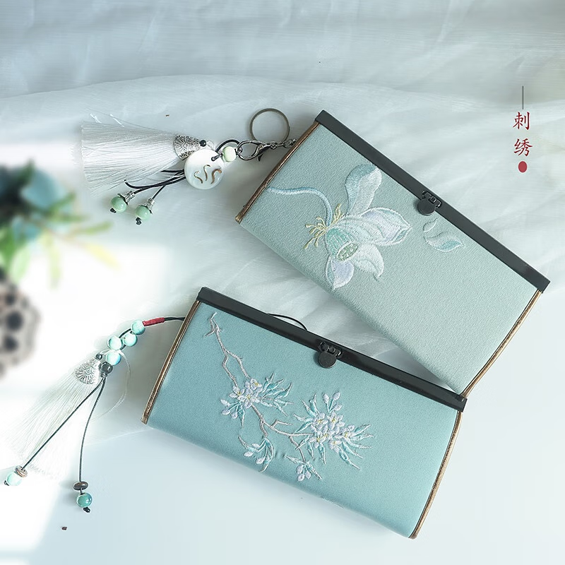 CLCEY hand-held long wallet 8 cards embroidered cloth bag handmade fabric forest style literary retro Chinese style antique ladies gift gift flower and leaf embroidery--bright velvet 19*10
