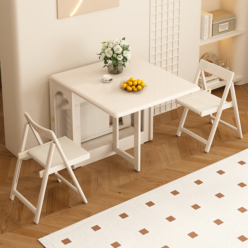 Tan Hua Xuan all solid wood folding dining table and sideboard integrated small apartment cream style dining table with lights and wheels white oak table 1.4m folding dining table + folding leather chairs x4