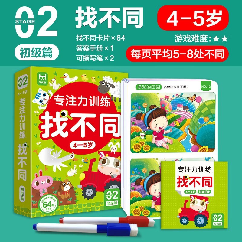 4 boxes in total, concentration training to find differences, 3-4 years old, 4-5 years old, 5-6 years old, 6-8 years old, introductory chapter, intermediate chapter, advanced chapter, pen control training, hand-eye coordination, left and right brain development, memory, observation and logic training to improve intelligence.