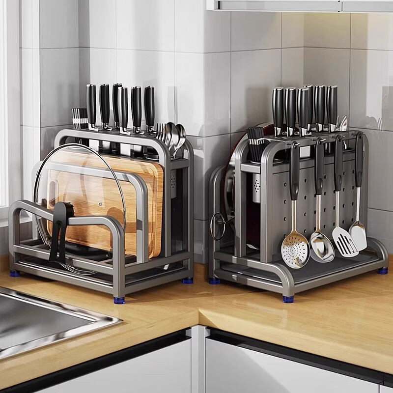 JCZS German 304 stainless steel kitchen knife holder storage rack chopping board knife multi-functional chopstick cage integrated storage rack gun ash increased height knife guard + double chopstick barrel + chopping board holder increased height and width