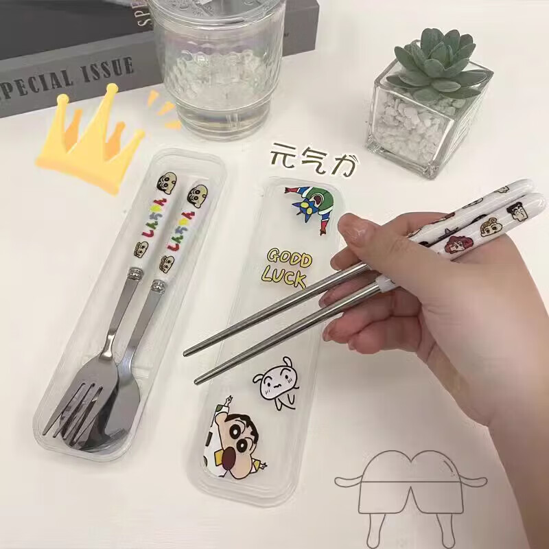 Children's baby tableware set stainless steel portable elementary school student eating fork chopsticks spoon storage box three-piece set painted Xiaoxin three-piece set