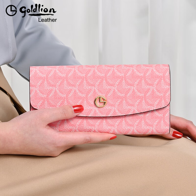 Goldlion Wallet Women's 2025 New Simple Small Fresh Clutch Fashionable Versatile Multifunctional Large Capacity Long Wallet Elegant Pink