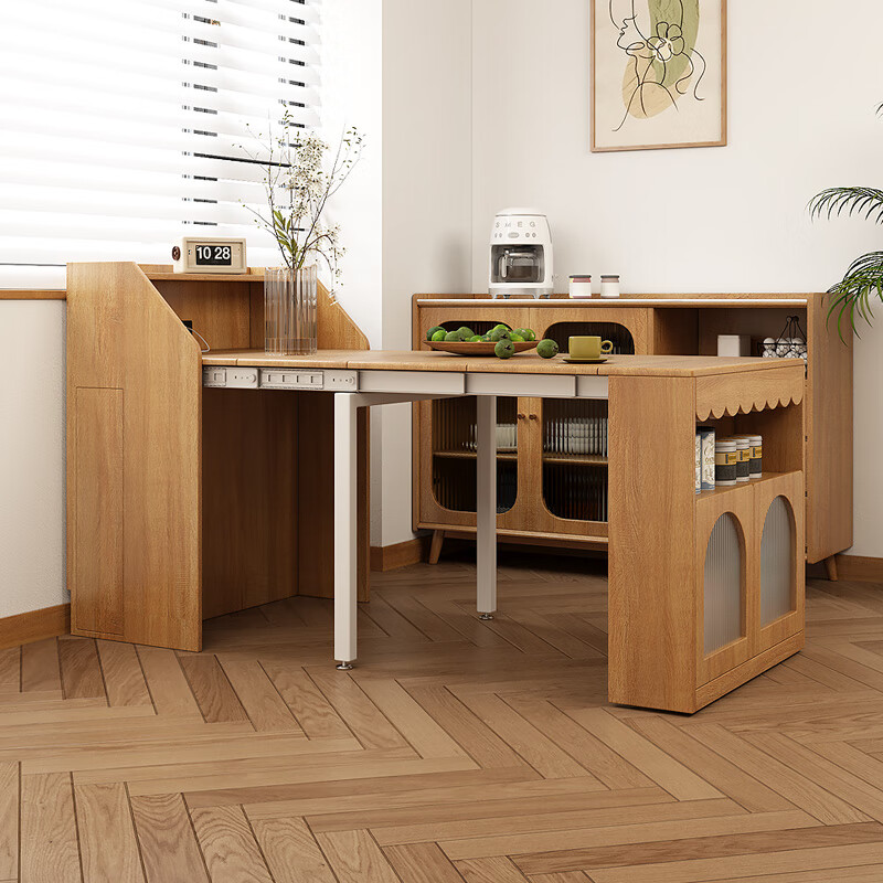 Konoshijia telescopic folding dining table and sideboard integrated small apartment home restaurant kitchen multi-functional telescopic dining table and chair combination folding telescopic dining table white