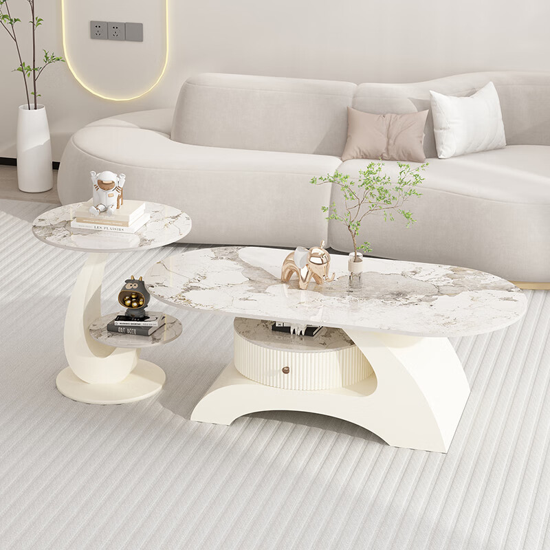 Champs Ruijing cream style slate coffee table for living room 2026 new style light luxury high-end home modern simple creative tea table off-white base + snow mountain white slate + side table 50CM length 130CM width 70CM height 45CM