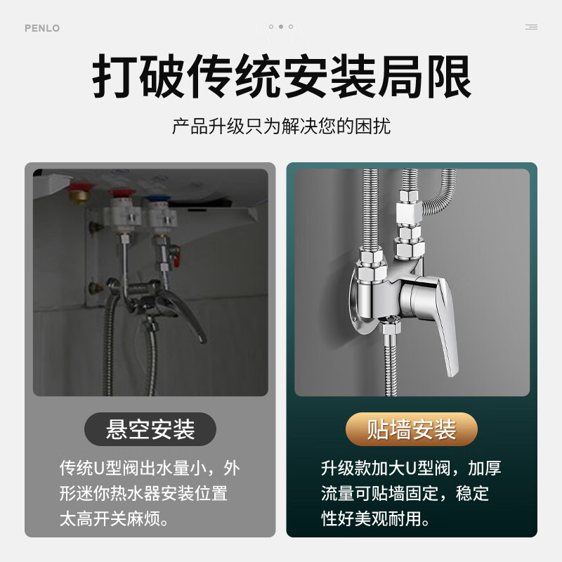 Panluo electric water heater U-shaped mixing valve exposed hot and cold shower faucet mixing valve simple shower head set Mixing valve + water distributor + 60cm explosion-proof pipe * 2 All copper material | 20-year warranty